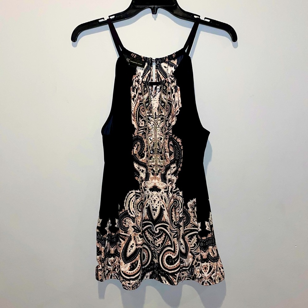 Women’s INC size L black, cream & tan embellished button back sleeveless top